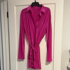 Vibrant Pleated Long Sleeve silk Dress